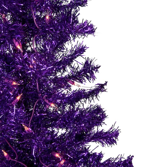 6ft. Pre-Lit Purple Tinsel Artificial Christmas Tree, Clear Lights